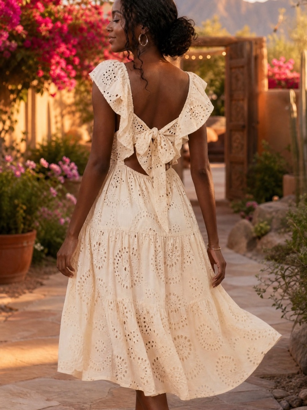 Flying Tomato Beige Cotton Eyelet Midi Dress | Open Back Ruffle Dress - Picture 4 of 5